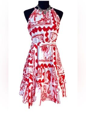 SHEIN ~ Fun/Feminine Red and White Sleeveless Dress w/Tiered Ruffled Hemline